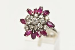 AN 18CT GOLD PASTE, DIAMOND AND RUBY DRESS RING, set with a principal colourless paste, surrounded