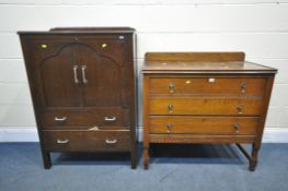 A 20TH CENTURY OAK CHEST OF THREE LONG DRAWERS, with a raised back, on shaped legs and stretchers,