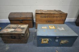 FOUR STORAGE CRATES/BOXES, of various materials and sizes, to include a vintage wood crate