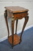 A FRENCH LOUIS XV STYLE MARQUETRY JARDINIERE STAND, with brass mounts of mythical creatures,