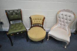 A BUTTONED GREEN LEATHER CHAIR, along with an Edwardian circular seated nursing chair with
