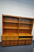 A PAIR OF MID-CENTURY NATHAN TEAK WALL CABINETS, both with an arrangement of shelves and drawers,
