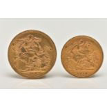 A FULL AND HALF GOLD SOVEREIGN PAIR GEORGE V 1912, full 7.98 gram, 91.67 fine, 22.05mm diameter,