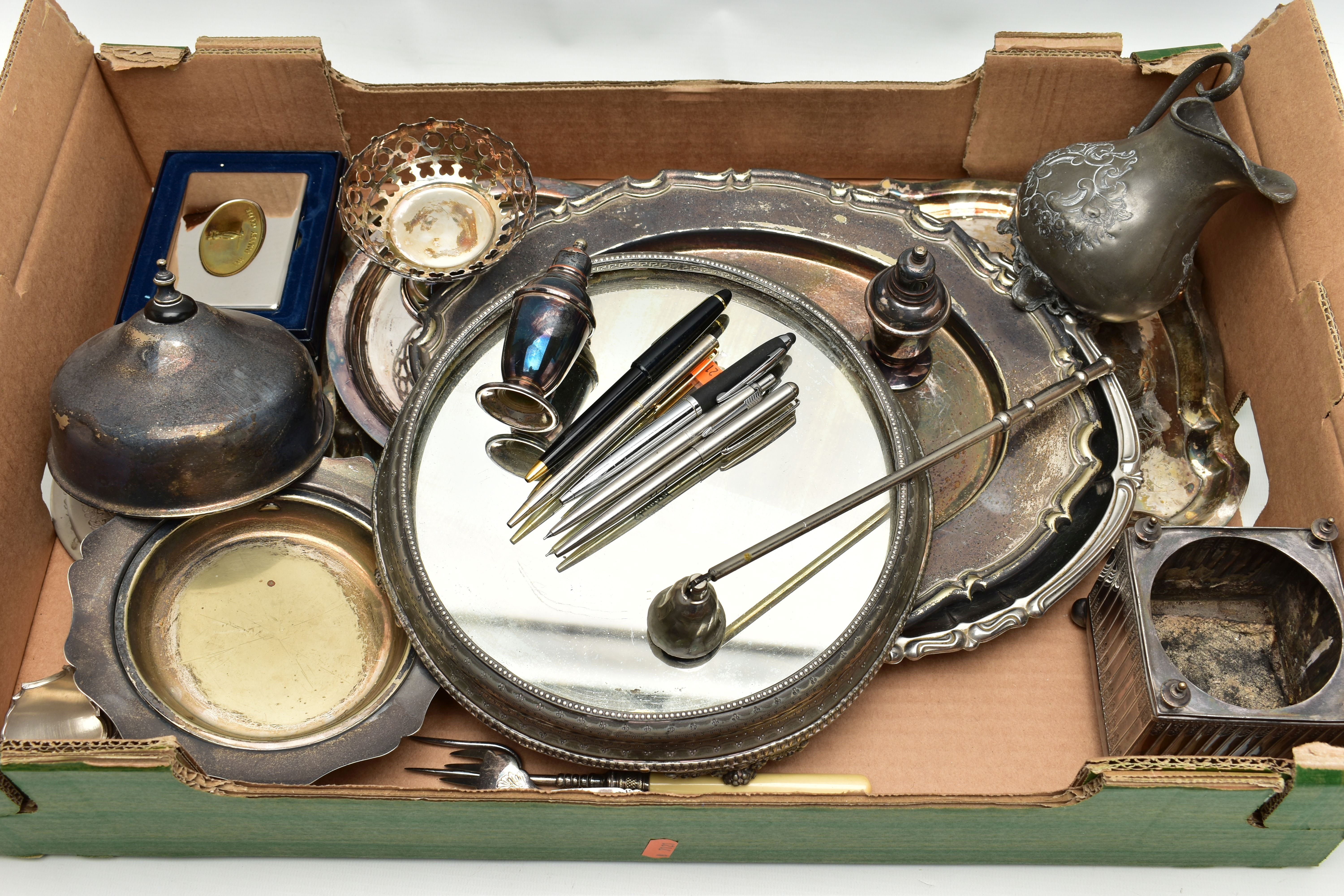 A BOX OF ASSORTED WHITE METAL WARE, to include a silver plate and mirrored base, three large