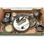 A BOX OF ASSORTED WHITE METAL WARE, to include a silver plate and mirrored base, three large