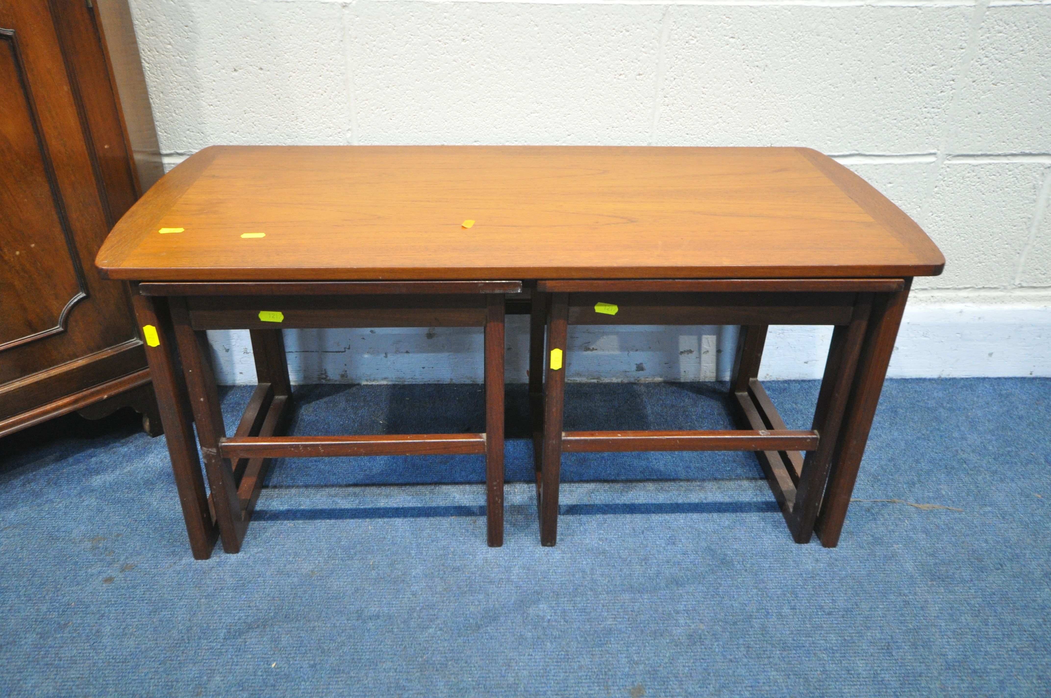 A MID CENTURY TEAK NEST OF THREE TABLES, largest length 94cm x depth 34cm x height 41cm, and a - Image 2 of 3