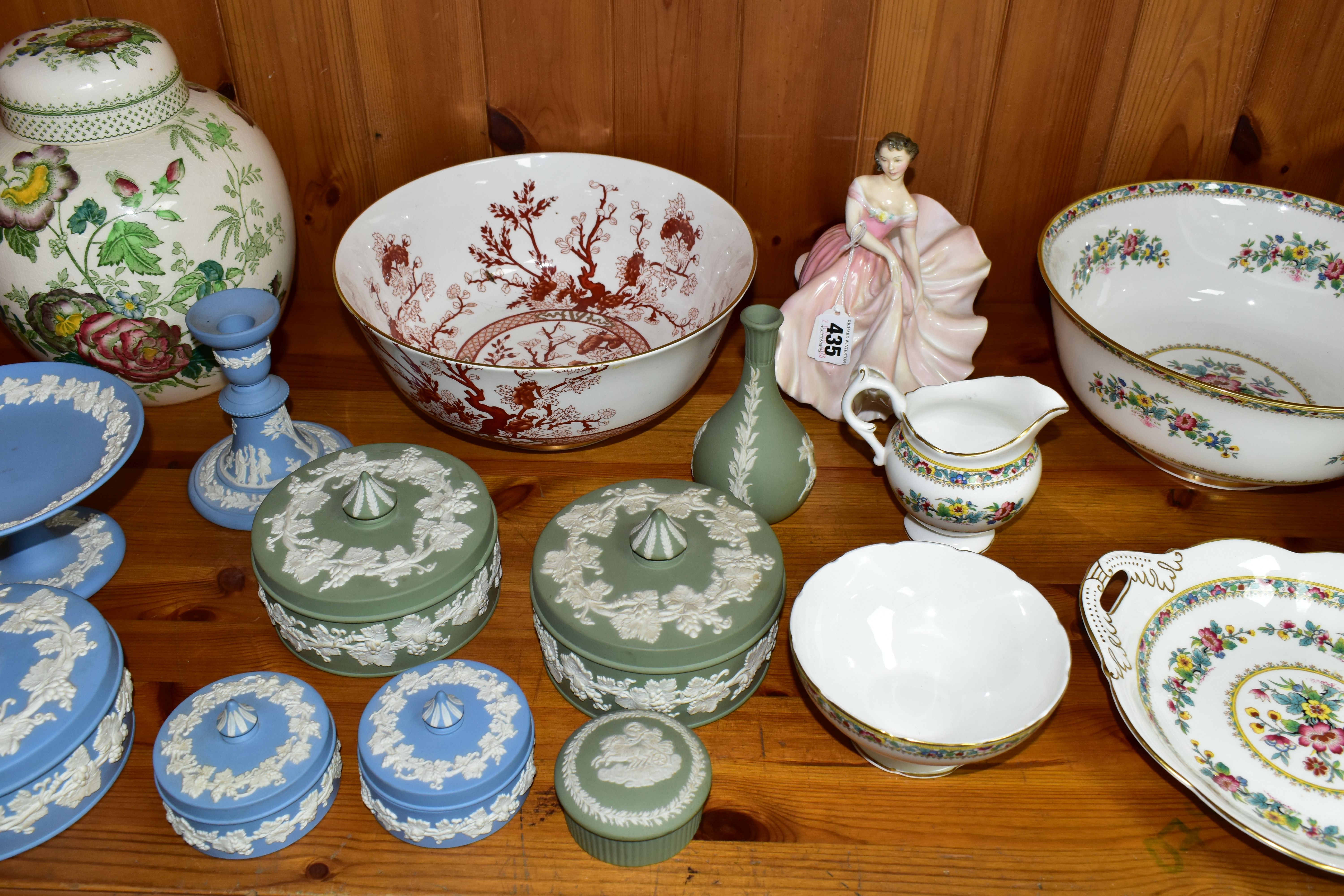 A GROUP OF CERAMICS, to include a Royal Doulton The Polka HN2156 figurine, height 18cm, a Coalport