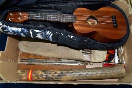 A BOX OF MUSICAL EQUIPMENT. including a Mahalo ukulele, label to interior numbered U320C/G and