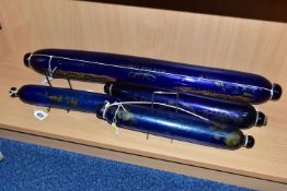 FOUR 19TH CENTURY BRISTOL BLUE GLASS DECORATED ROLLING PINS / NAILSEA SALTS, comprising one