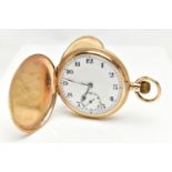 A 9CT GOLD FULL HUNTER POCKET WATCH, manual wind, round white dial, Arabic numerals, subsidiary dial