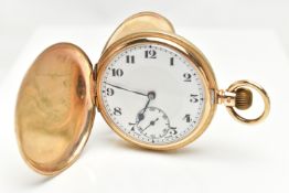 A 9CT GOLD FULL HUNTER POCKET WATCH, manual wind, round white dial, Arabic numerals, subsidiary dial