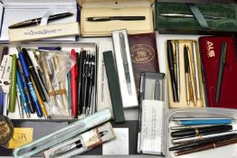 A BOX OF ASSORTED PENS, to include a boxed 'Waterman' ball point, a boxed 'Cross' matt black