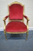 A FRENCH LOUIS XVI STYLE GILT WOOD CHAIR, with open armrests, and red fabric, width 66cm x depth