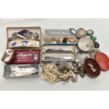 A BOX OF ASSORTED ITMES, to include assorted silver and white metal jewellery, silver ingot