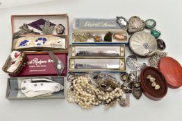 A BOX OF ASSORTED ITMES, to include assorted silver and white metal jewellery, silver ingot
