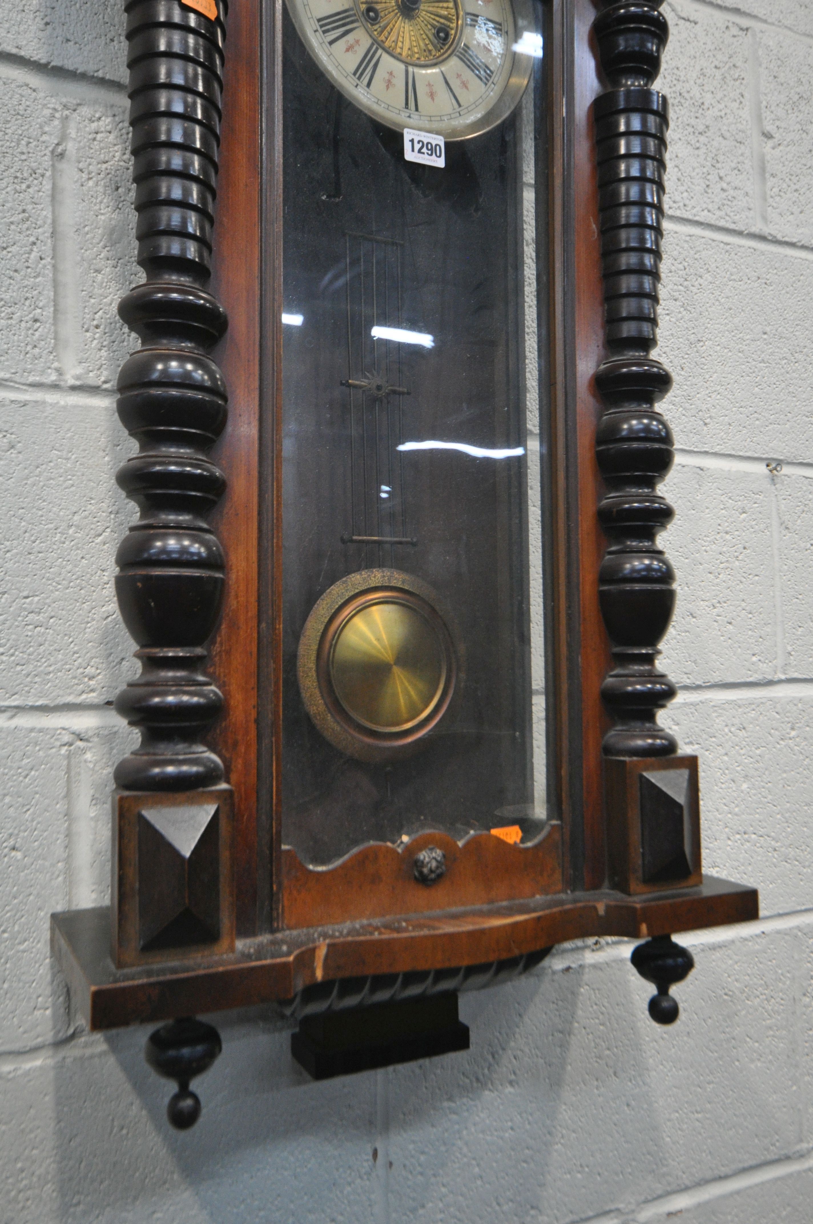 A LATE 19TH CENTURY WALNUT VIENNA WALL CLOCK, with two carved horse pediments, enamel dial with - Image 5 of 5