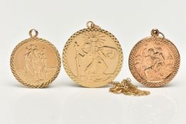 TWO 9CT GOLD AND ONE YELLOW METAL ST. CHRISTOPHER PENDANTS, the first fitted with a bail and