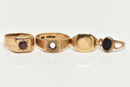 A SELECTION OF FOUR 9CT YELLOW GOLD RINGS, to include a plain signet ring, a signet ring set with