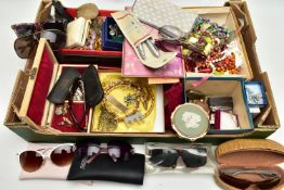 A BOX OF ASSORTED COSTUME JEWELLERY AND ITEMS, to include various beaded necklaces, imitation