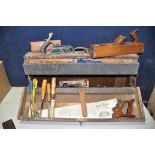 A WOODEN TOOLBOX with hinged fall front containing mostly woodworking tools, files, saws, chisels,