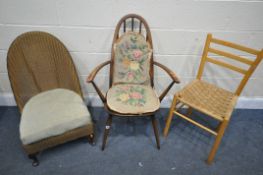 A LLOYD LOOM GOLD PAINTED BEDROOM CHAIR, an Ercol quaker armchair, with two loose cushions, and a