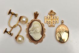AN ASSORTMENT OF 9CT GOLD AND YELLOW METAL JEWELLERY, to include a shell cameo pendant, collet set