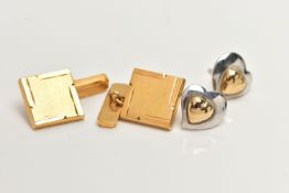 A PAIR OF YELLOW METAL CUFFLINKS AND A PAIR OF EARRINGS, hollow square cufflinks, chain linked to