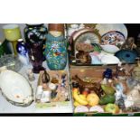 THREE BOXES AND LOOSE CERAMICS AND GLASSWARE, including artificial fruit, a small quantity of