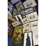 A BOX AND LOOSE PAINTINGS AND PRINTS ETC, to include unsigned oil on board still life flower