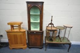 A SELECTION OF OCCASIONAL FURNITURE, to include an open corner cupboard, a pine corner unit,