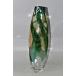 A CONTEMPORARY GLASS VASE BY BOB CROOKS, the green and clear tapered vase with overlaid yellow