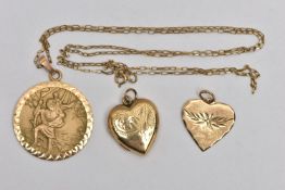 A 9CT GOLD ST. CHRISTOPHER PENDANT NECKLACE AND TWO OTHER PENDANTS, the first a circular St.