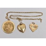 A 9CT GOLD ST. CHRISTOPHER PENDANT NECKLACE AND TWO OTHER PENDANTS, the first a circular St.