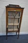 AN EDWARDIAN MAHOGANY AND INLAID DISPLAY CABINET, the single astral glazed door enclosing two