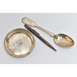 THREE SILVER ITEMS, comprising a Victorian Fiddle pattern dessert spoon, engraved initials, maker