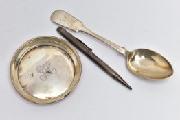 THREE SILVER ITEMS, comprising a Victorian Fiddle pattern dessert spoon, engraved initials, maker