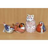 FOUR ROYAL CROWN DERBY PAPERWEIGHTS, comprising a Robin, a Pheasant, a Hamster and a Goldcrest,