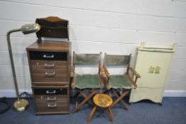 A SELECTION OF OCCASIONAL FURNITURE, to include a pair of three drawer cabinets, a pair of folding