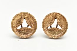 A PAIR OF 1970s 9CT YELLOW GOLD EARRINGS, each earring with textured detail, hinged back fittings