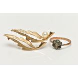 A 9CT GOLD BROOCH AND A RING, openwork leaf brooch set with a single cultured pearl, fitted with a