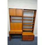 TWO MID-CENTURY G PLAN TEAK WALL CABINETS, comprising of a desk with a single drawer, and fall front