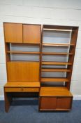 TWO MID-CENTURY G PLAN TEAK WALL CABINETS, comprising of a desk with a single drawer, and fall front