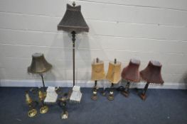 A SELECTION OF VARIOUS LIGHING, to include a pair of burgundy triangular table lamps, with