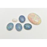 FIVE LOOSE OPAL CABOCHON STONES, the first a large oval opal cabochon, showing flashes of blue,