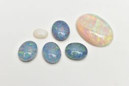 FIVE LOOSE OPAL CABOCHON STONES, the first a large oval opal cabochon, showing flashes of blue,