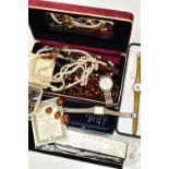 A BOX OF ASSORTED COSTUME AND WHITE METAL JEWELLERY, to include a silver belcher chain, fitted