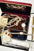 A BOX OF ASSORTED COSTUME AND WHITE METAL JEWELLERY, to include a silver belcher chain, fitted