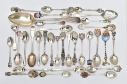 A PARCEL OF ASSORTED late 18TH, 19TH AND 20TH CENTURY SILVER AND WHITE METAL SPOONS, comprising a