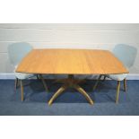 AN ERCOL BLONDE ELM WINDOR EXTENDING DINING TABLE, with a single fold out leaf, on a single pedestal