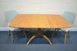 AN ERCOL BLONDE ELM WINDOR EXTENDING DINING TABLE, with a single fold out leaf, on a single pedestal